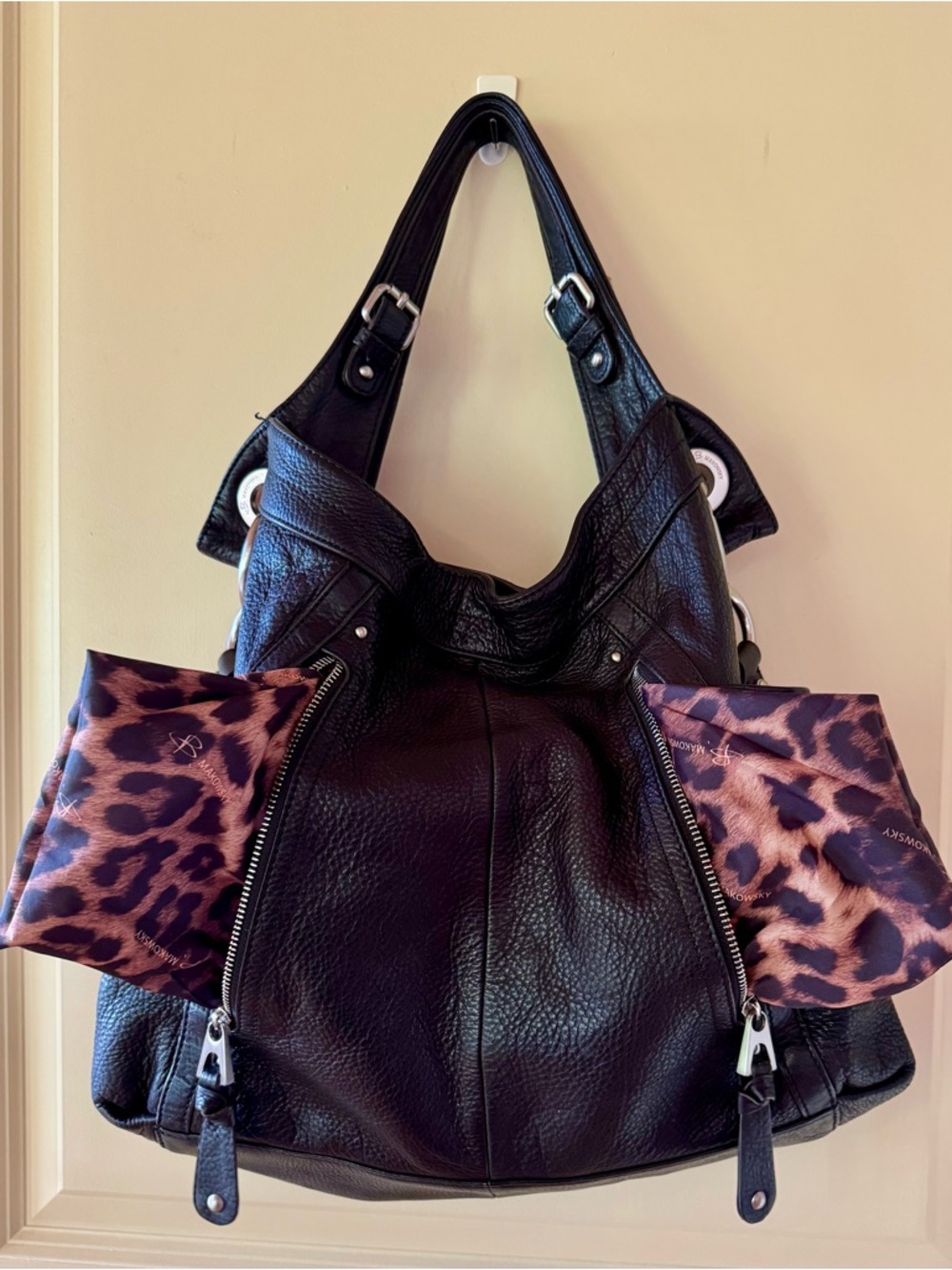b. makowsky Black Pebbled Leather Shoulder Bag with Front Zips - Picture 3 of 7